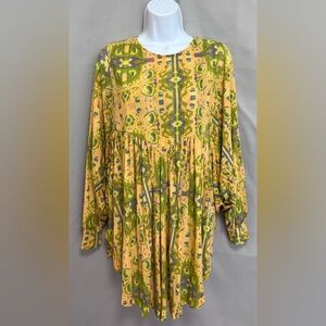 Free People Women Oversized Boho Printed Tunic‎  Sz XS Yellow